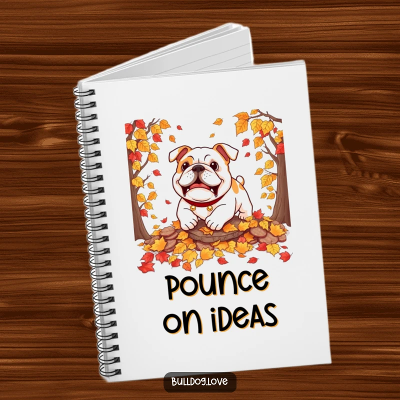 Funny bulldog notebook featuring a dog playfully pouncing on autumn leaves, perfect for jotting down seasonal thoughts.