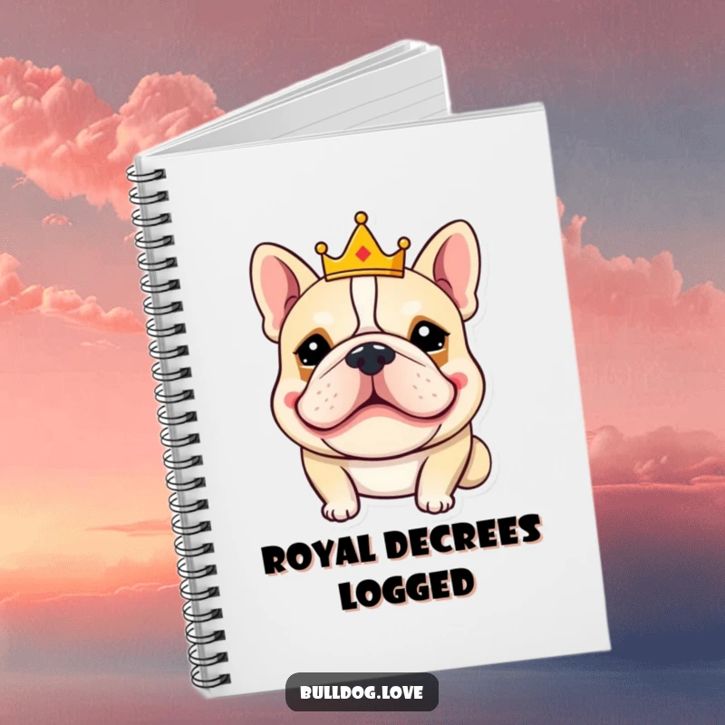 Funny bulldog notebook with a goofy-grinning bulldog wearing a small crown, ideal for jotting down notes with regal amusement.