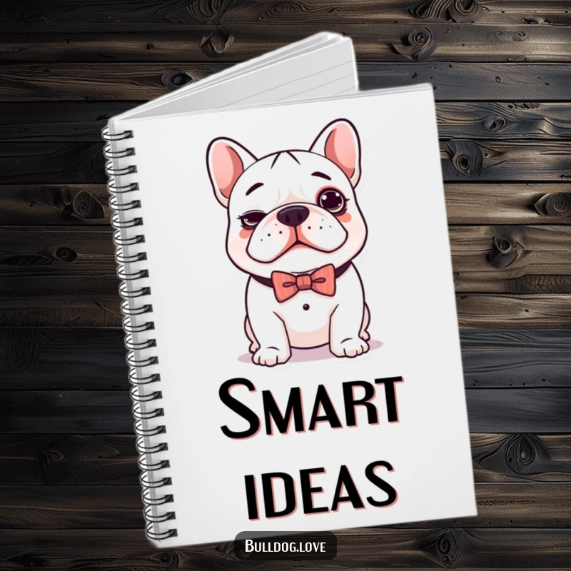 Funny notebook cover featuring a cute kawaii bulldog with a silly expression and a dapper bow tie, ready for notes.