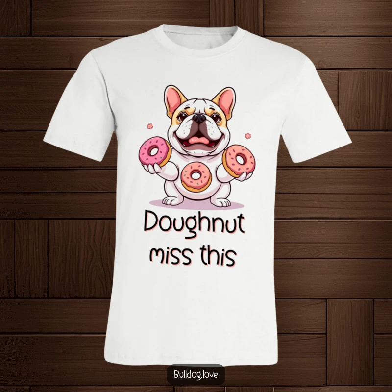 Funny t-shirt depicting a charming bulldog intently juggling three vibrantly colored donuts with a look of absolute, focused glee.