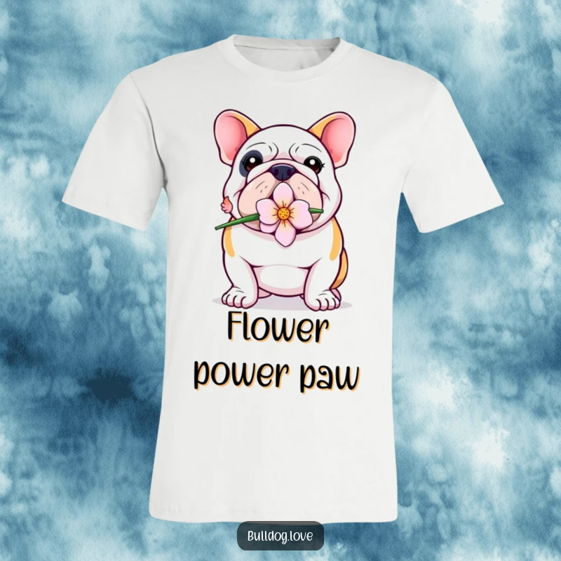Funny Bulldog T-Shirt: A proud bulldog holding a single flower in its mouth, looking exceptionally sweet and dignified.