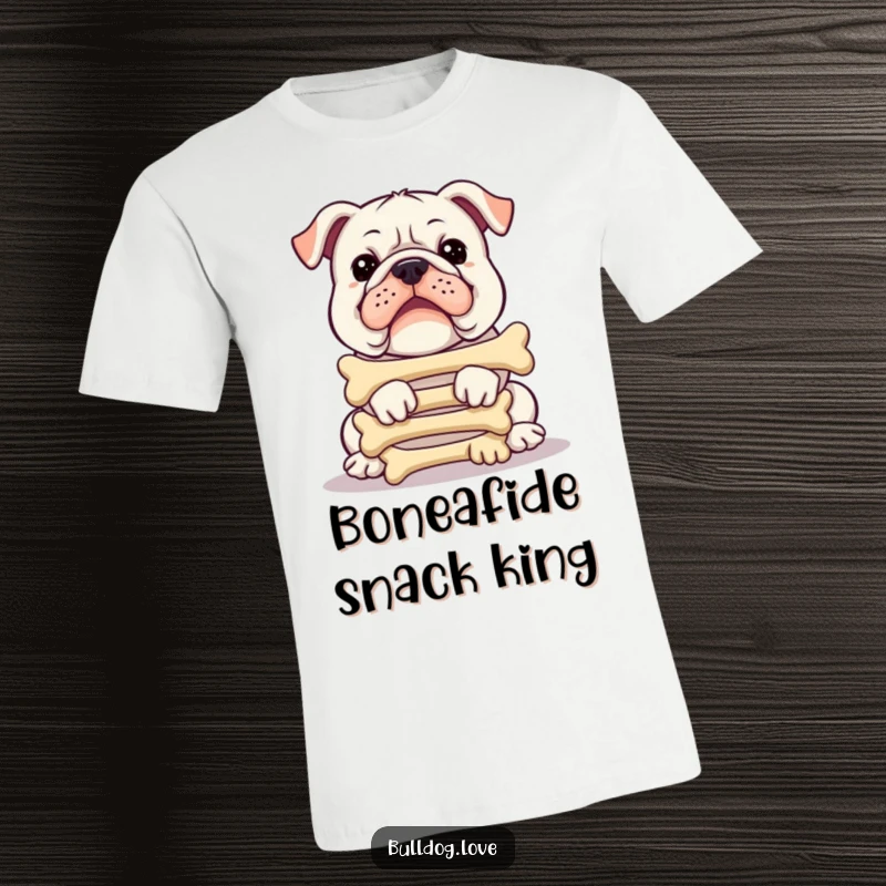 Funny bulldog t-shirt, balancing a huge stack of delicious bones, looking focused and comical, a must-have for dog parents.