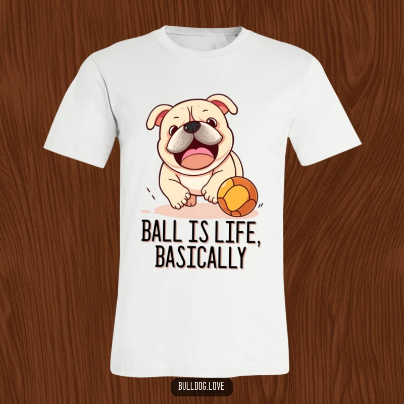 Funny bulldog in mid-chase, playfully pursuing a bouncing ball on a comfortable t-shirt, showcasing pure athletic fun.