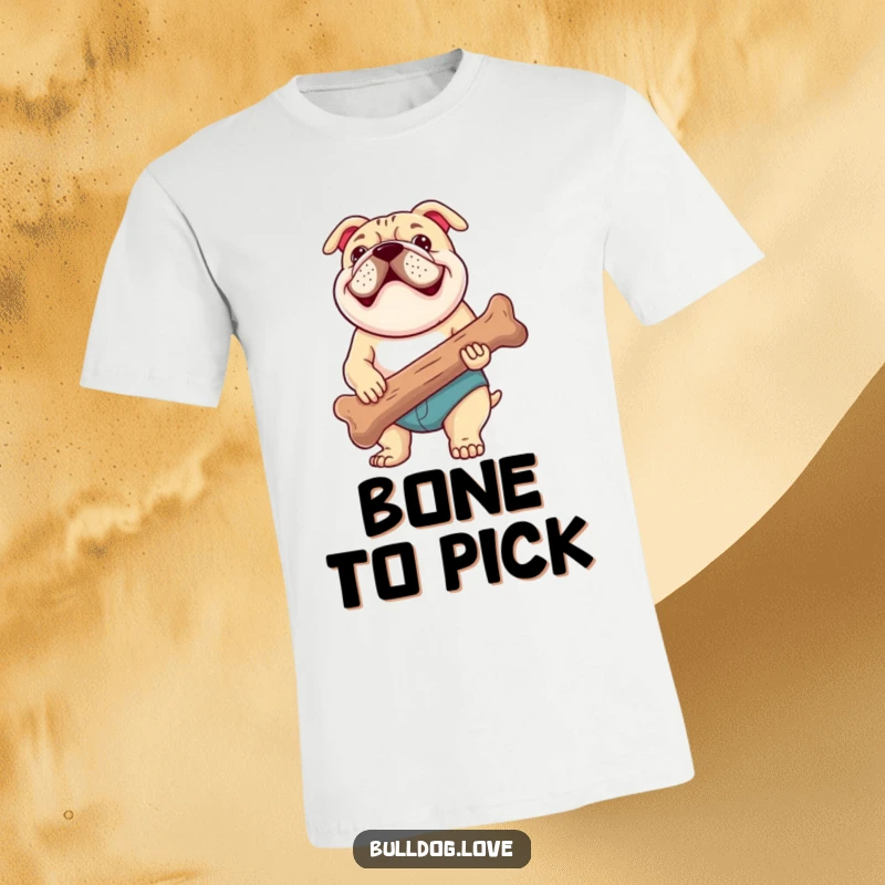 Funny t-shirt showcasing a bulldog proudly holding a massive chewed bone, its happy pant expressing ultimate satisfaction and a love for its favorite toy.