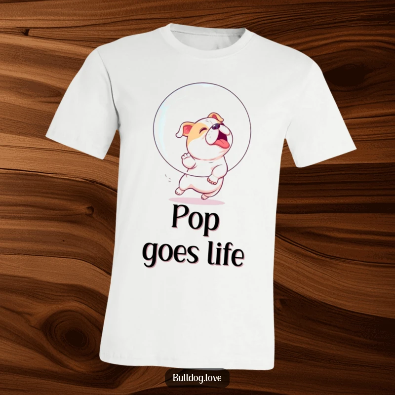 Funny t-shirt depicting a bulldog eagerly and playfully chasing a large, shimmering bubble with boundless enthusiasm.