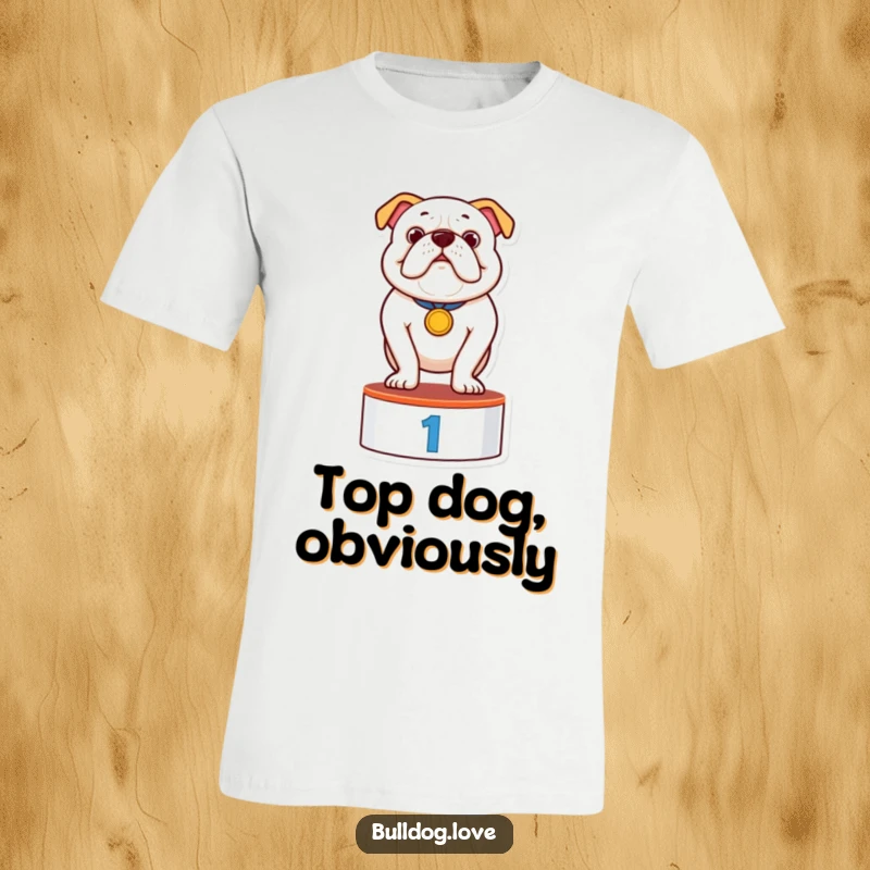 Funny t-shirt showcasing a proud bulldog wearing a medal, standing victoriously on a small podium, radiating championship vibes.