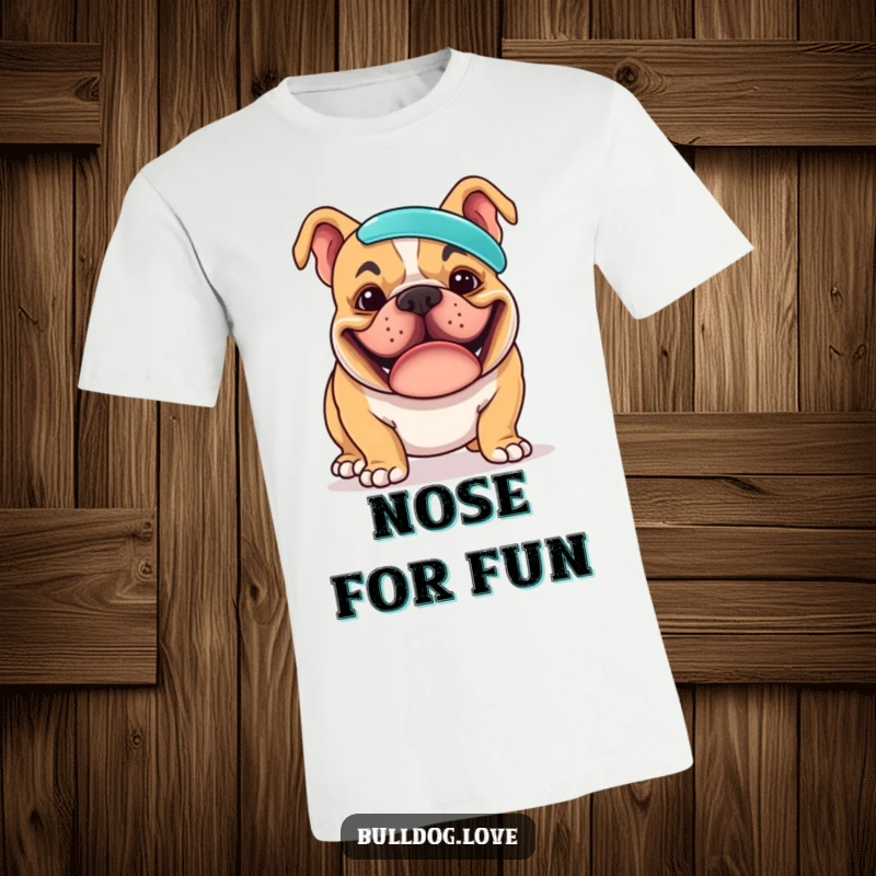 Funny t-shirt design of a bulldog with an exaggerated goofy grin, concentrating intensely while balancing a frisbee on its snout, a comical sight.