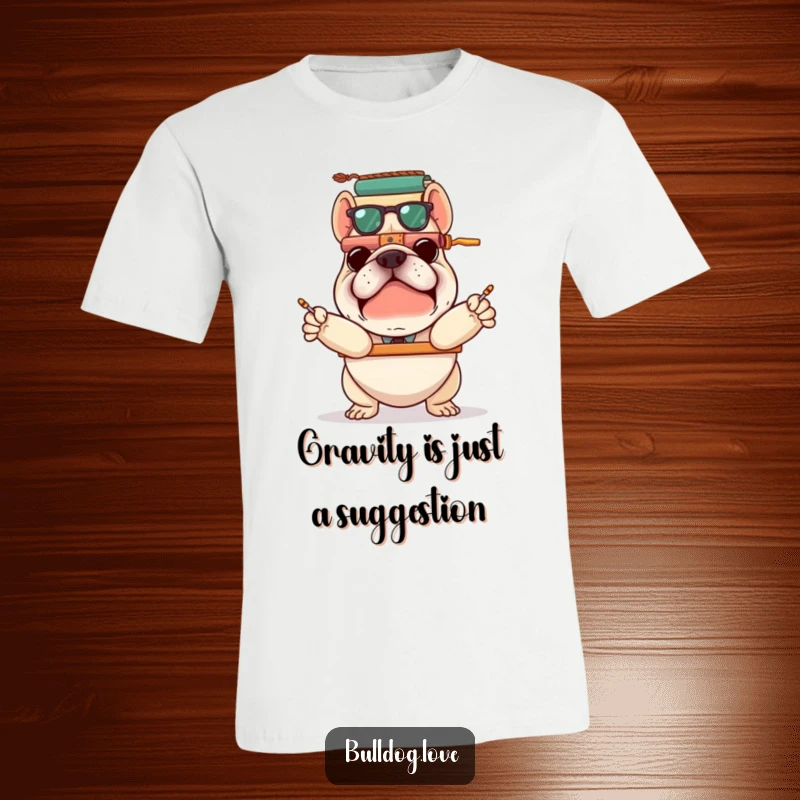 Funny bulldog attempting to balance numerous stacked items precariously on a t-shirt, showcasing a humorous struggle.