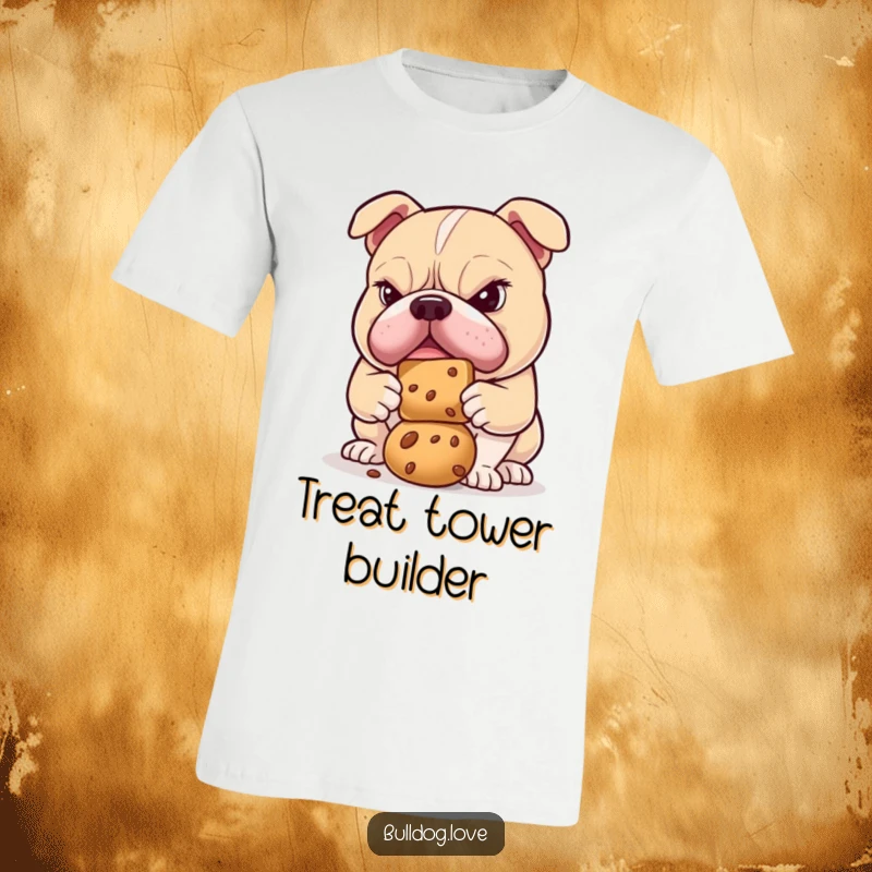 Funny bulldog t-shirt showing a determined dog intensely focused on balancing a treat on its snout, radiating concentration.