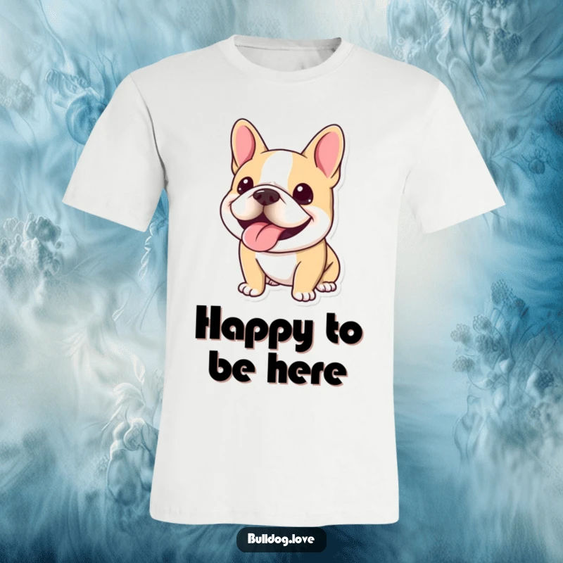 Funny Kawaii Bulldog T-Shirt featuring a dog with a huge, happy panting smile, spreading cheerful vibes.