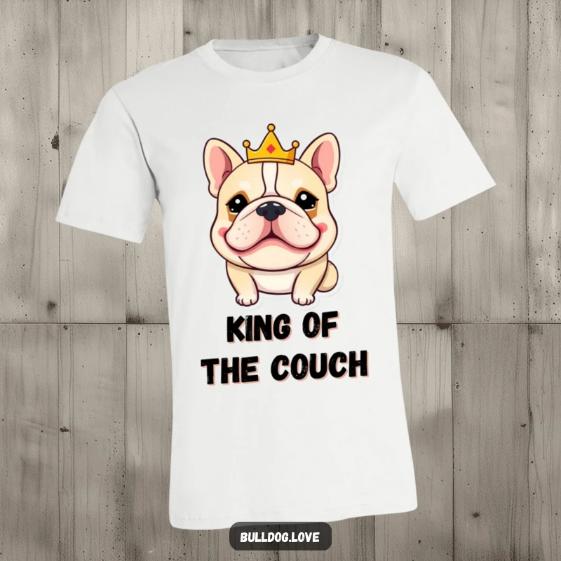 Funny bulldog t-shirt showcasing a goofy-grinning bulldog sporting a miniature crown, radiating cheerful and comical regal vibes.