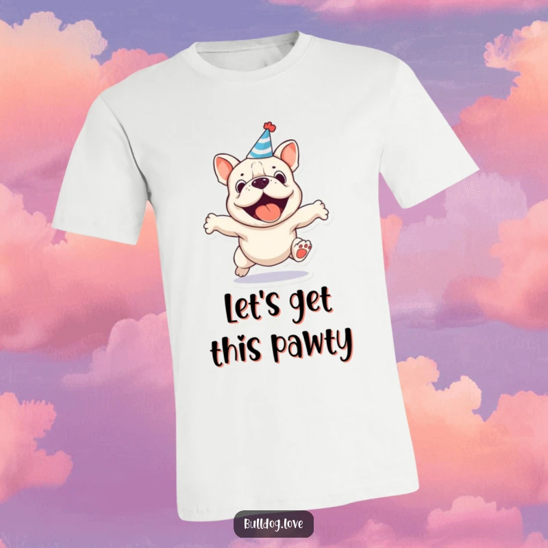 Funny party bulldog t-shirt, small hat, depicted in an energetic, joyful jumping pose.