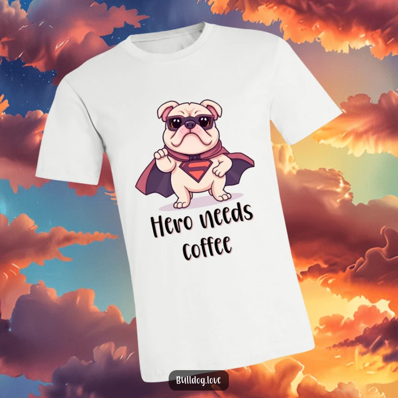 Funny bulldog t-shirt depicting a bulldog in a superhero cape striking a heroic pose, radiating strength and humorous bravery.