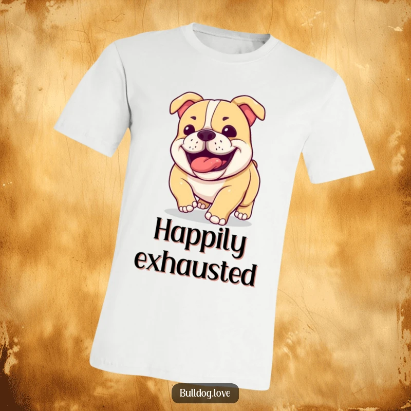 Funny bulldog t-shirt with big, happy jowls, panting adorably after a fun run, celebrating the joy of exercise.
