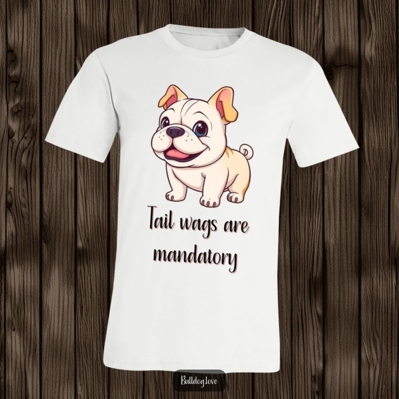 Funny joyful bulldog t-shirt, with bright, happy eyes and a tail wagging with pure delight.