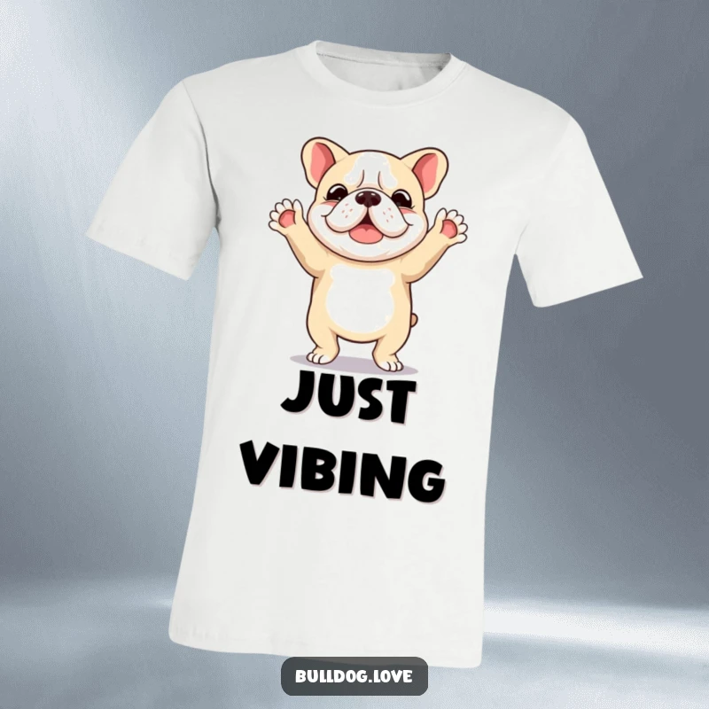 Funny t-shirt depicting a jubilant bulldog mid-dance, with paws enthusiastically thrown in the air, radiating pure happiness.