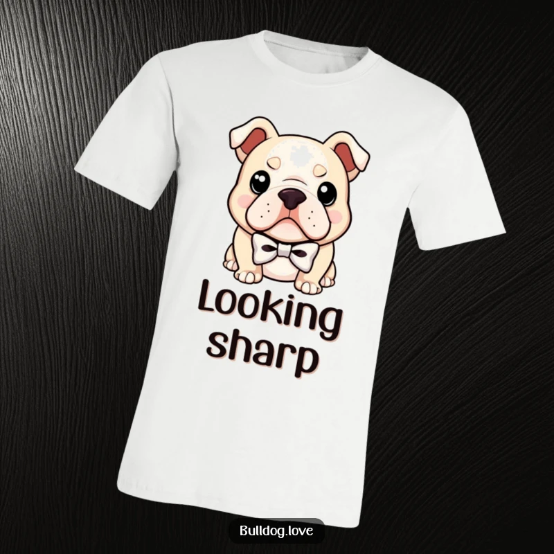 Funny t-shirt graphic of a bulldog wearing a miniature bowtie, sporting a confident smirk, exuding a sophisticated and slightly cheeky personality.