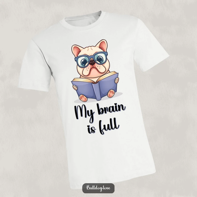 Funny bulldog t-shirt depicting a bulldog in oversized glasses reading a large book, radiating intelligence and humorous bookishness.