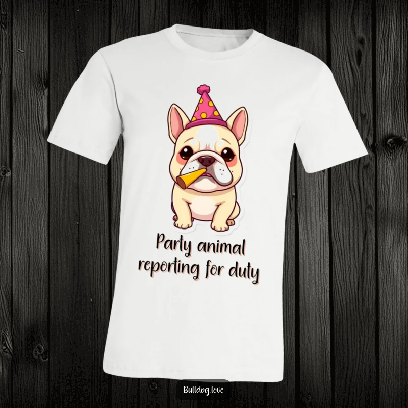 Funny bulldog wearing a festive hat, enthusiastically blowing a party horn on a comfortable t-shirt, showcasing a celebratory mood.