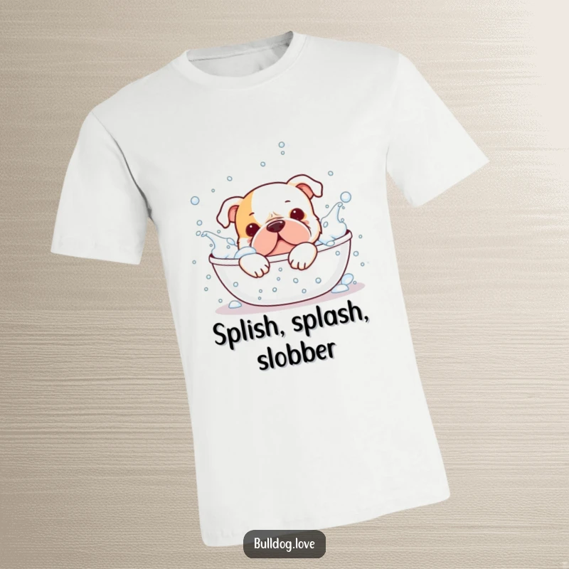 Funny bulldog t-shirt, joyfully splashing water in a bubbly bath, radiating pure happiness, ideal for casual wear.