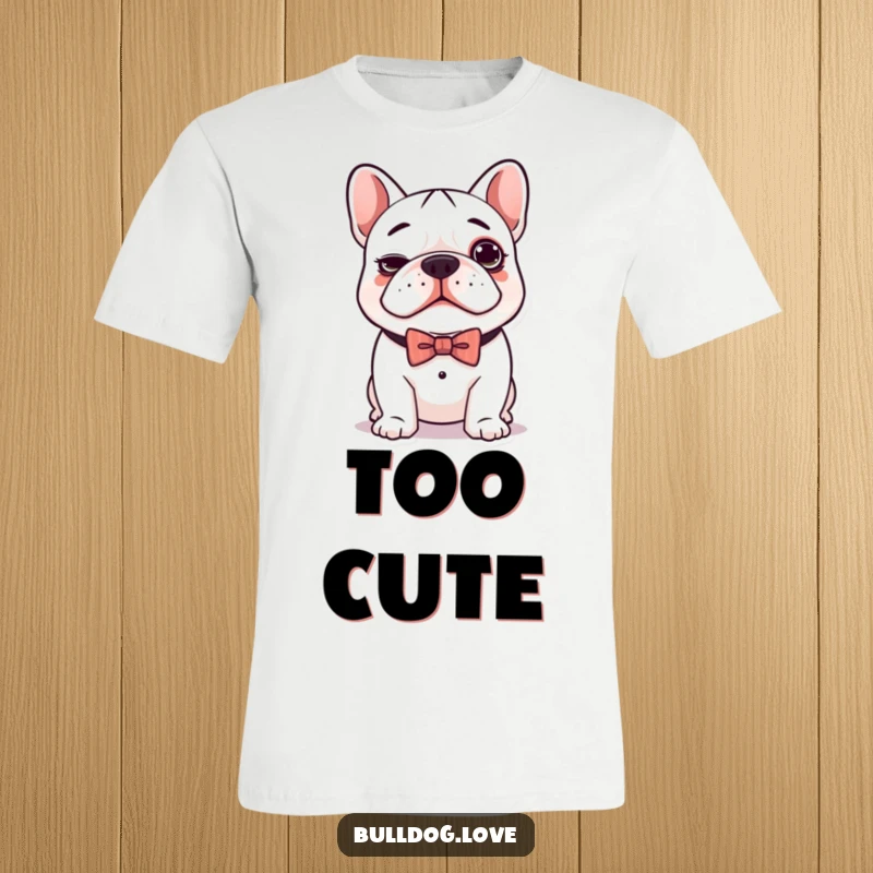 Funny t-shirt featuring a cute kawaii bulldog with a silly, charming expression and a neat bow tie.