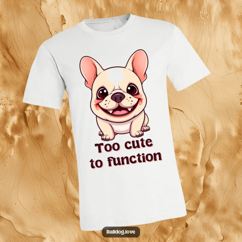Funny Kawaii Bulldog T-Shirt showing a joyful dog with a big goofy grin and bouncing floppy ears, a delightful apparel for dog fans.