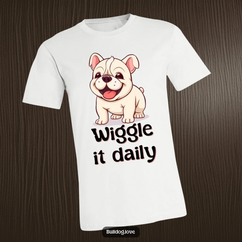 Funny Kawaii Bulldog T-Shirt showing a dog mid-wiggle, full of clumsy joy and infectious enthusiasm.