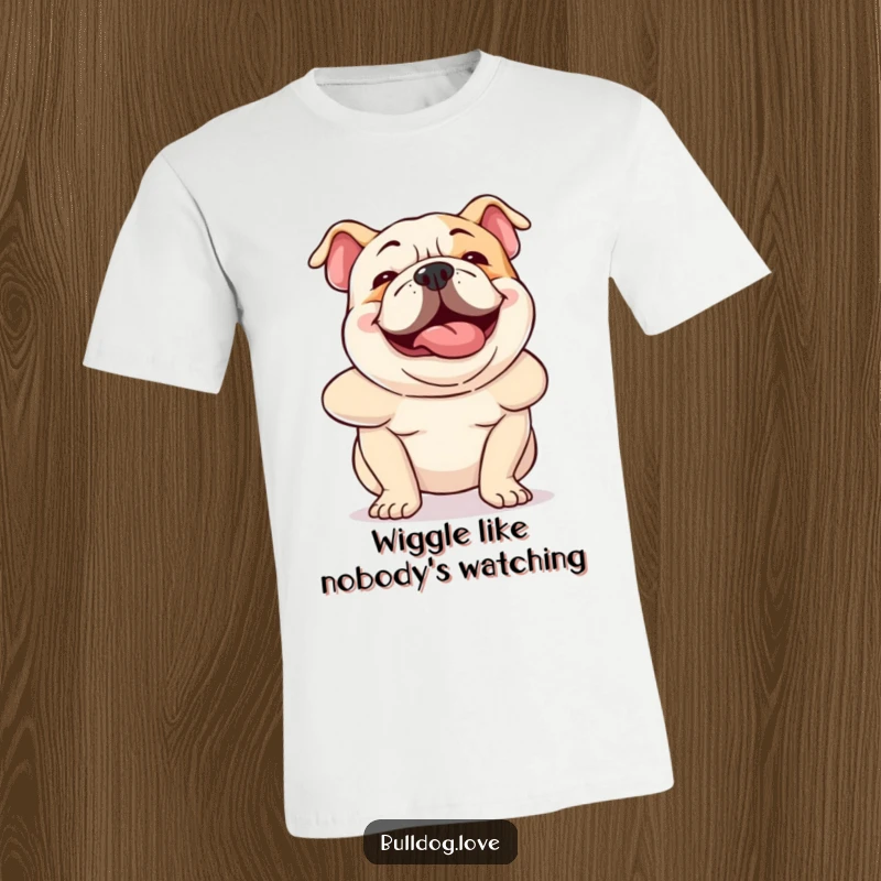 Funny bulldog t-shirt featuring a dog wiggling its entire body with ecstatic, hilarious energy, perfect for dog enthusiasts.