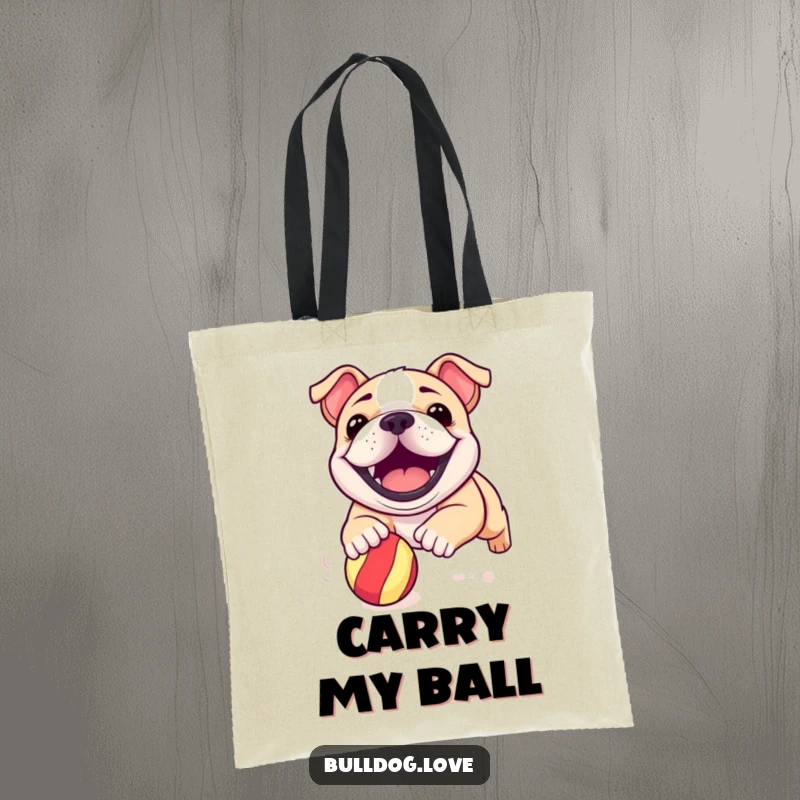 Funny bulldog pup tote bag showcasing a happy dog with a huge grin, actively chasing a dynamic bouncy ball.