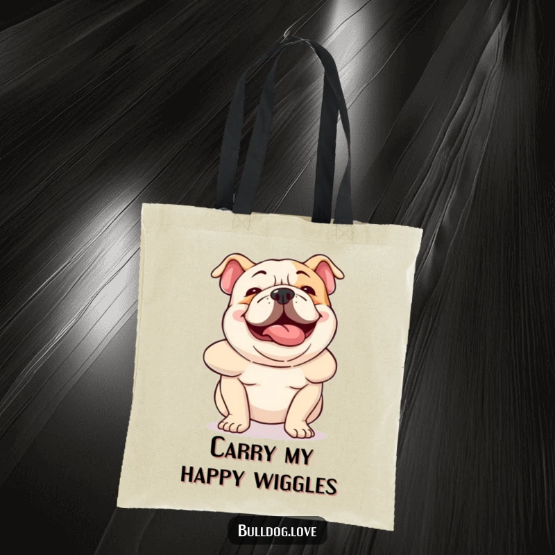 Funny bulldog tote bag capturing a dog wiggling its body with hilarious, uncontainable excitement and pure happiness.