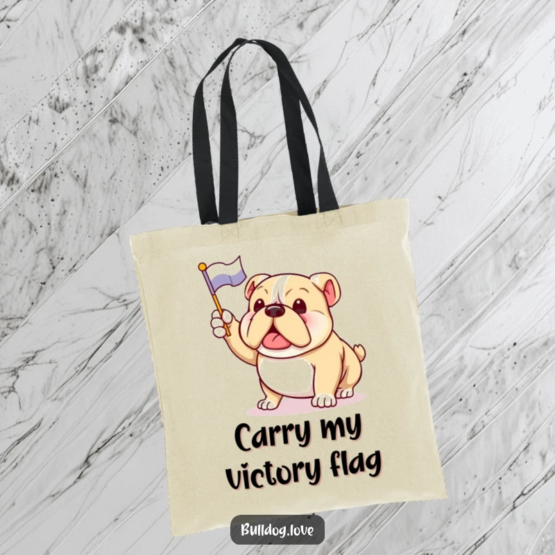 Funny bulldog tote bag showing an enthusiastic dog waving a flag with a happy, wagging tail, full of spirit.