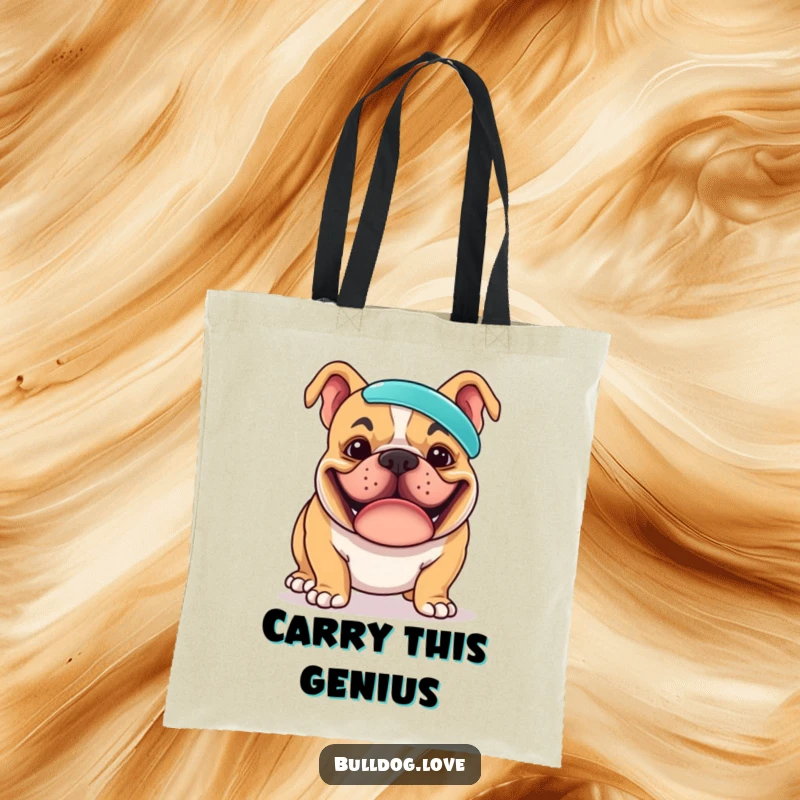 Funny tote bag showing a bulldog with a huge, goofy grin, meticulously balancing a frisbee right on the tip of its nose, full of playful concentration.