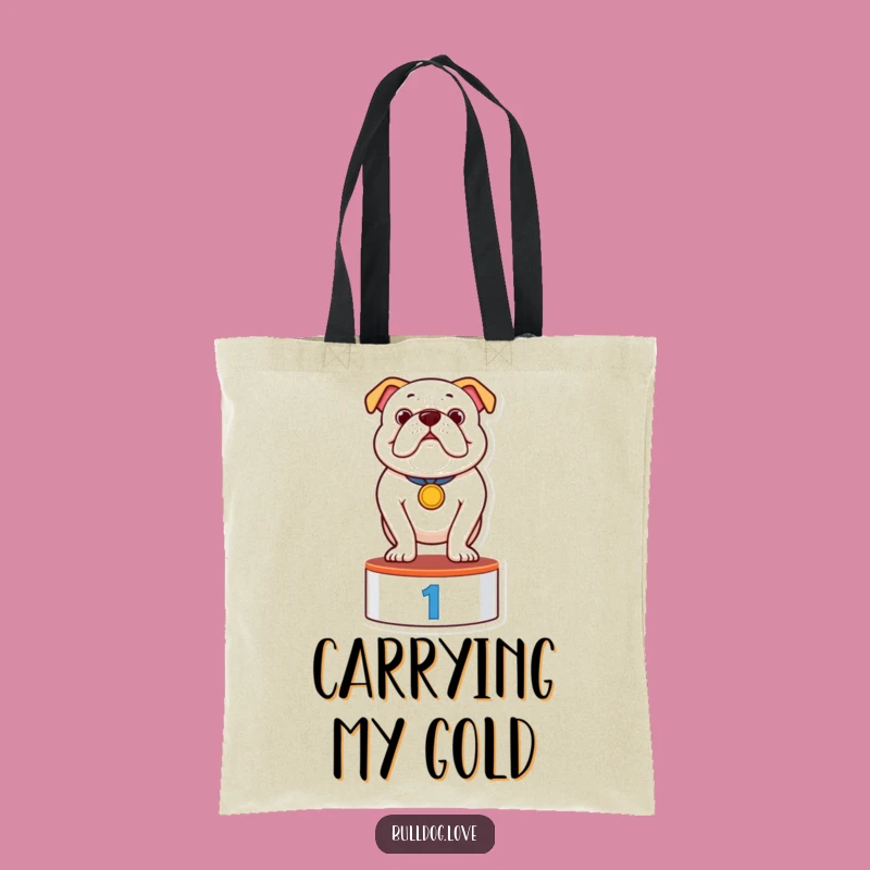 Funny Bulldog Champion Tote Bag: Stylish Winner Bulldog with Medal, Great Funny Gift for Shoppers
