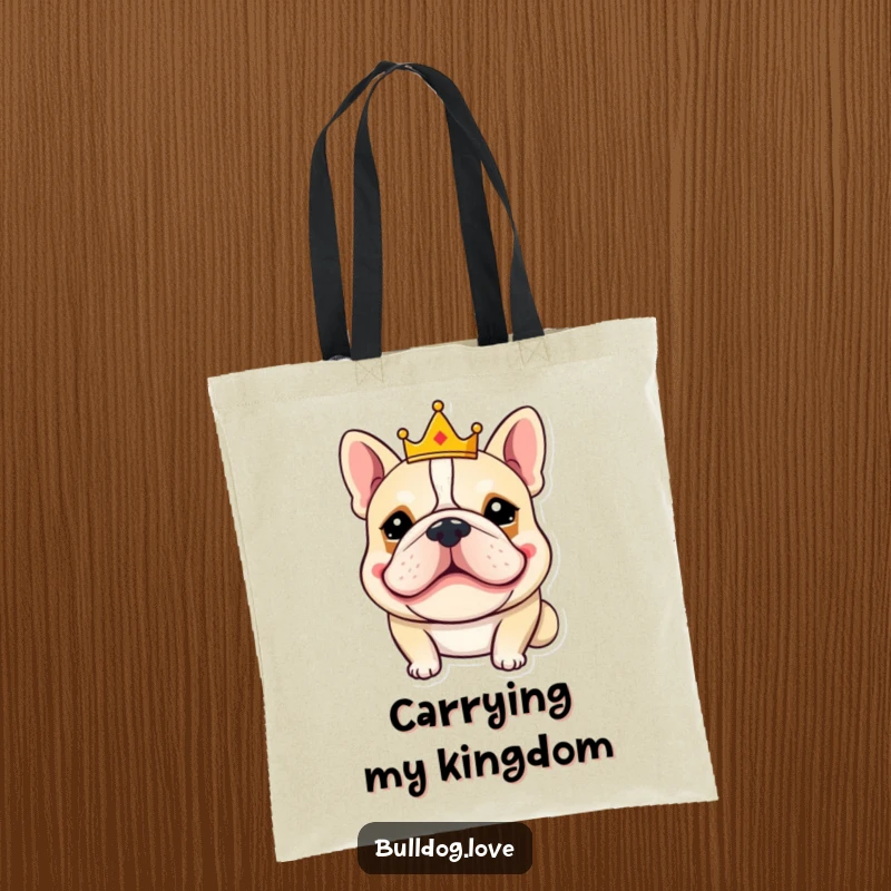 Funny bulldog tote bag featuring a goofy-grinning bulldog wearing a tiny crown, perfect for carrying items with a dash of royal humor.