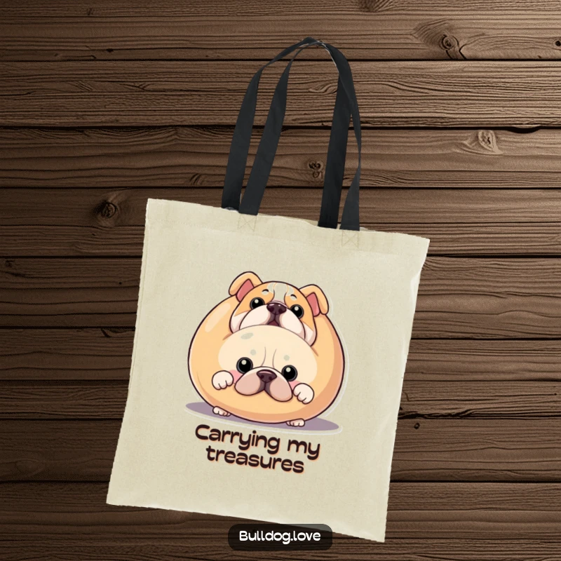 Funny bulldog tote bag, practical and charming, featuring a dog peeking from behind a giant squeaky toy.