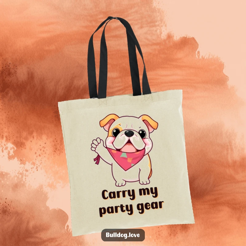 Funny bulldog tote bag, waving a colorful bandana with great enthusiasm, perfect for carrying items in style.