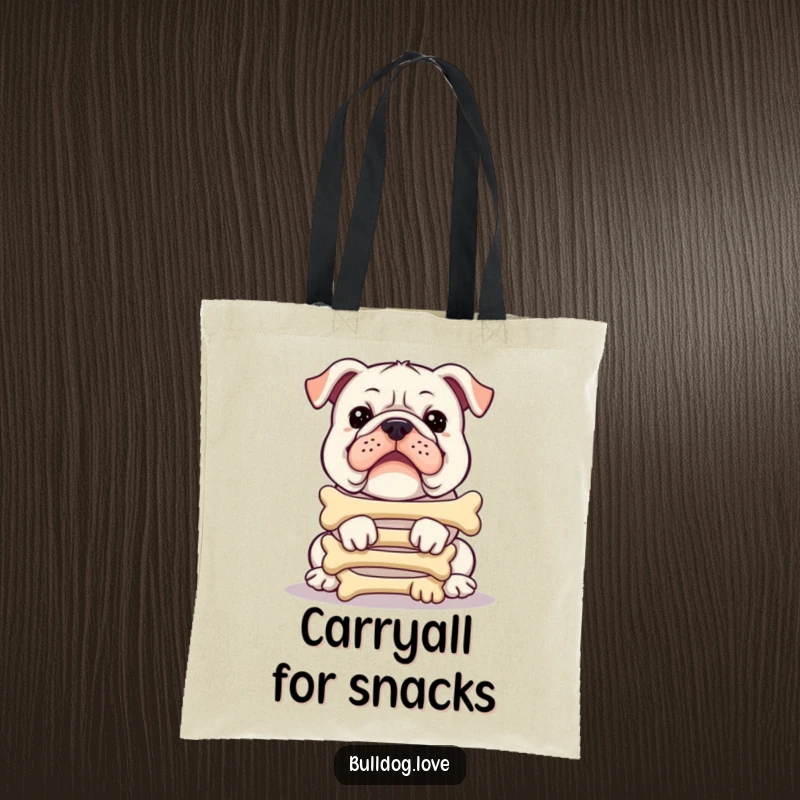 Funny bulldog tote bag, balancing an impressive stack of bones, looking gleefully focused, perfect for everyday use.