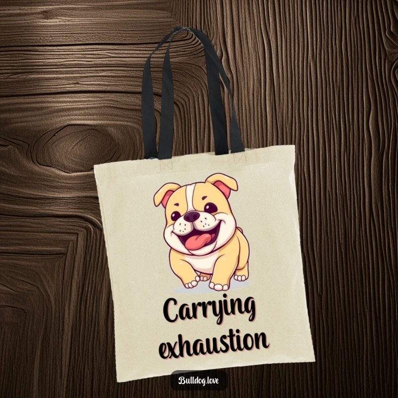 Funny bulldog tote bag with large, happy jowls panting after a run, perfect for carrying essentials with a smile.