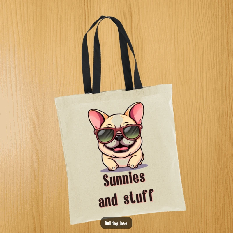 Funny Bulldog Tote Bag: A giggling bulldog with floppy ears sports oversized sunglasses, looking super cool and funny.
