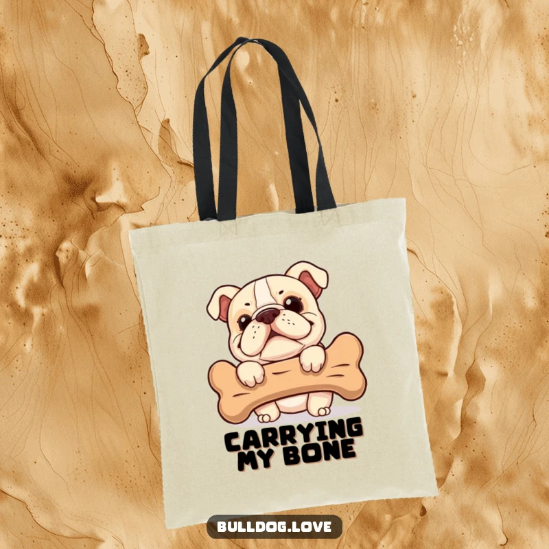 Funny Bulldog Tote Bag: A bulldog with a cheeky grin peeks from behind a bone, showing off its playful nature.
