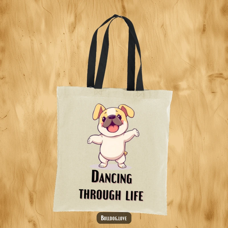 Funny bulldog with floppy ears dancing energetically, featured on a durable tote bag, ideal for carrying groceries and dance gear.