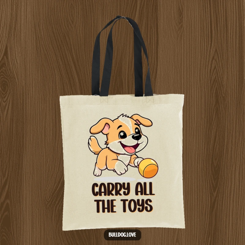 Funny Energetic Dog Tote Bag: Energetic dog with a determined grin mid-air, chasing a bouncy toy with pure enthusiasm.