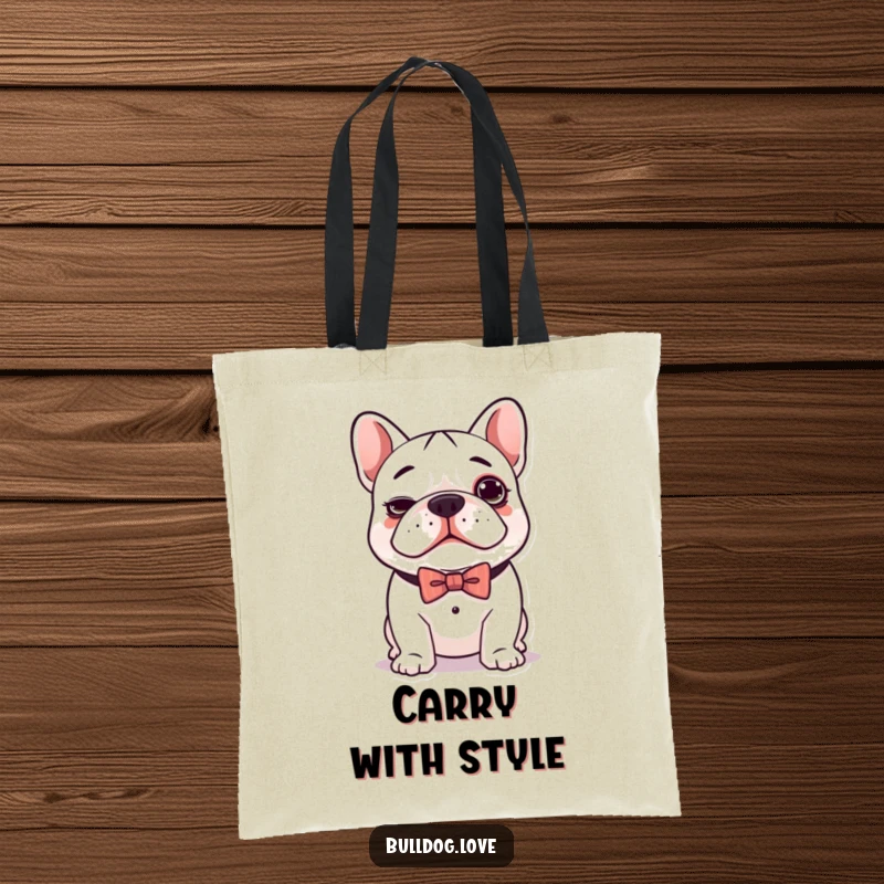 Funny tote bag featuring a charming kawaii bulldog with a silly expression and a dapper bow tie, ready for any occasion.