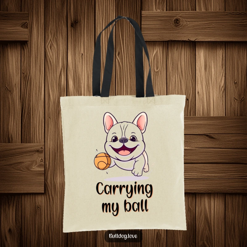 Funny kawaii bulldog tote bag featuring a happy dog chasing a colorful bouncing ball, ideal for errands and daily adventures.