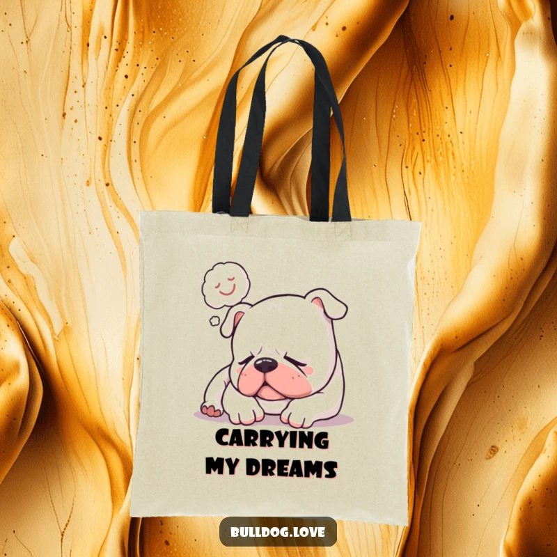 Funny tote bag showcasing a sleepy bulldog softly snoring with a happy dream bubble, perfect for carrying items with humorous charm.