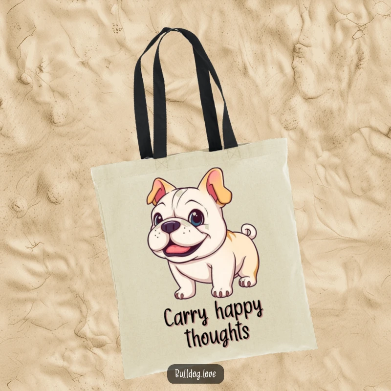 Funny happy bulldog tote bag, practical and cute, showcasing a dog with bright eyes and wagging tail.