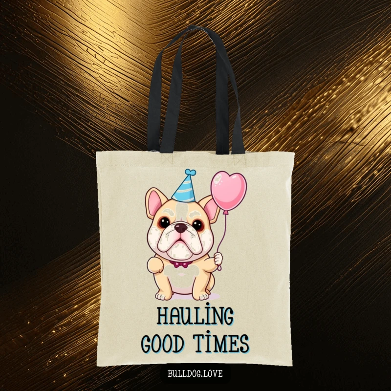 Funny bulldog tote bag depicting a charming dog adorned with a party hat, clutching a vibrant balloon.
