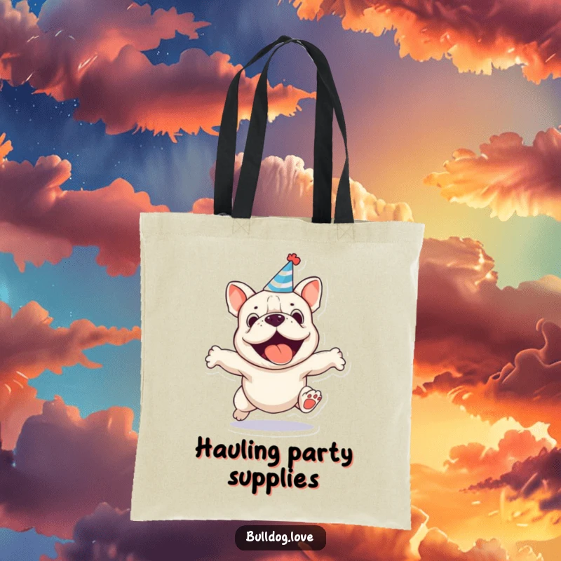 Funny party bulldog tote bag, practical and stylish, featuring a jumping dog with a small party hat.
