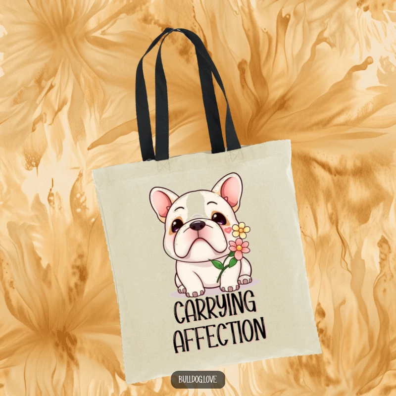 Kawaii bulldog tote bag showcasing a cute dog with a gentle smile, offering a lovely flower.