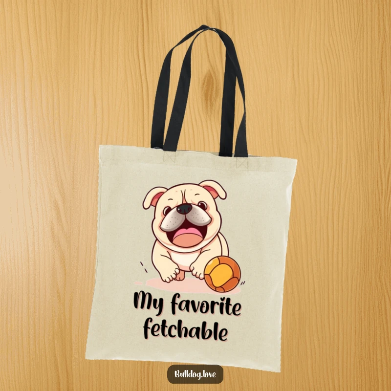 Funny bulldog in pursuit of a bouncing ball, featured on a durable tote bag, ideal for carrying groceries and gear.